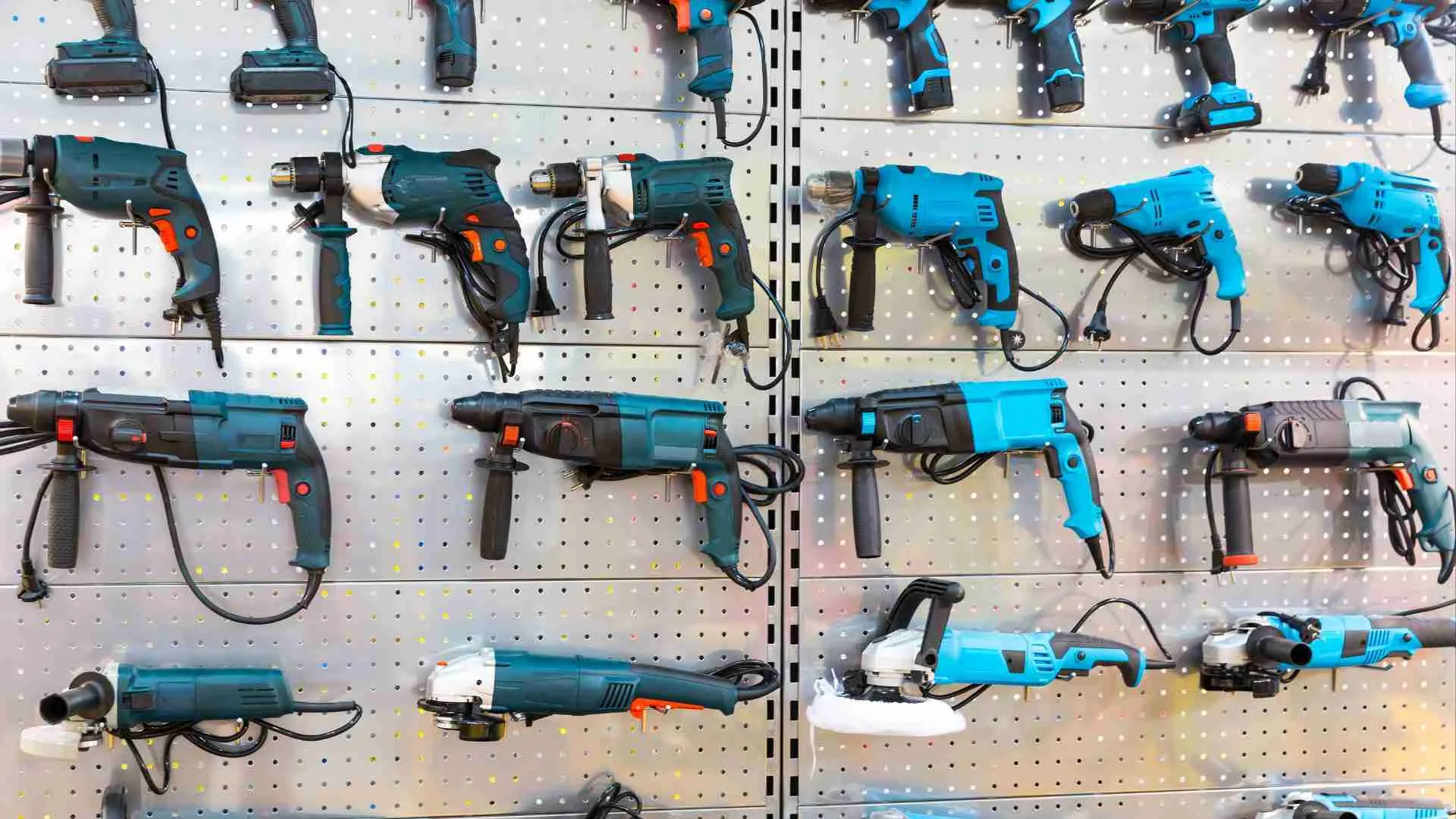 A wall with power tools on it