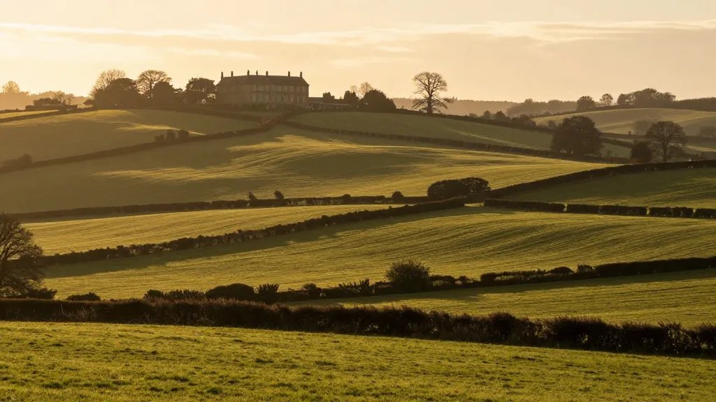 distant landscape of rolling countryside estate with hedgerows under golden hour light