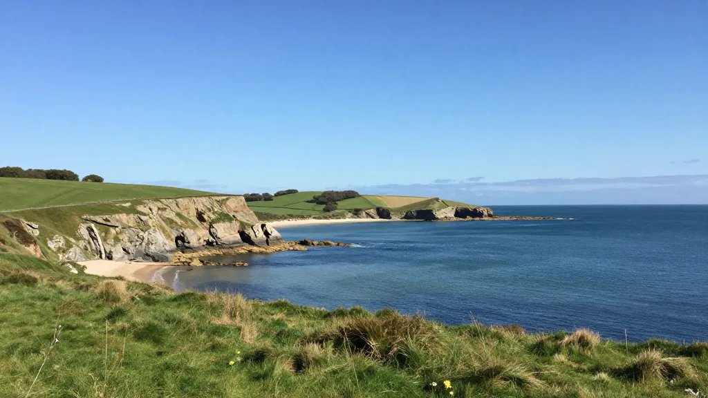distant coastal cliff view over tranquil bay near manor house grounds, clear blue sky