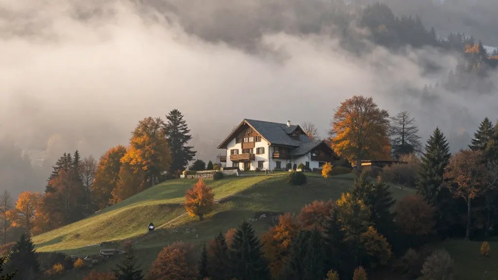 distant alpine-style hillside manor surrounded by autumnal trees, soft mist at dawn