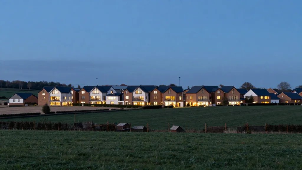 Distant view of a modern UK new-build village across rolling fields at dusk