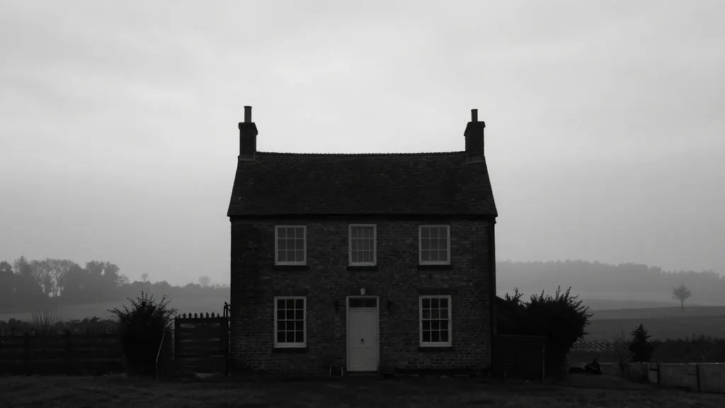 Isolated old brick townhouse silhouette against misty countryside horizon