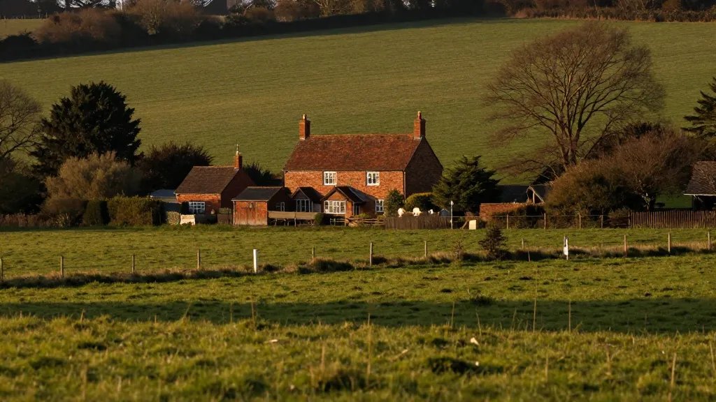 Distant view of a brick UK cottage across rolling fields at golden hour