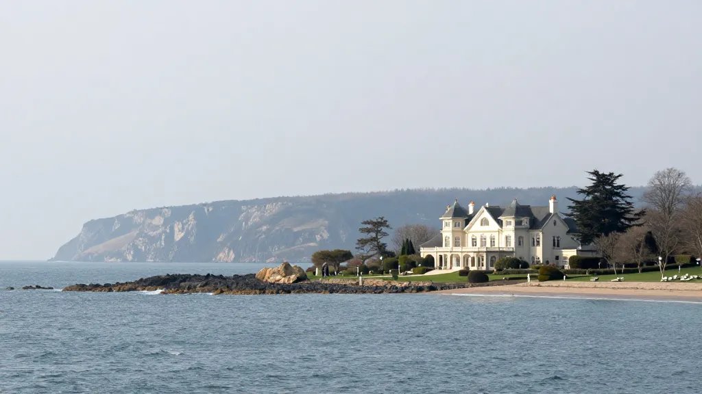 Expansive shoreline manor with coast in haze and distant cliffs