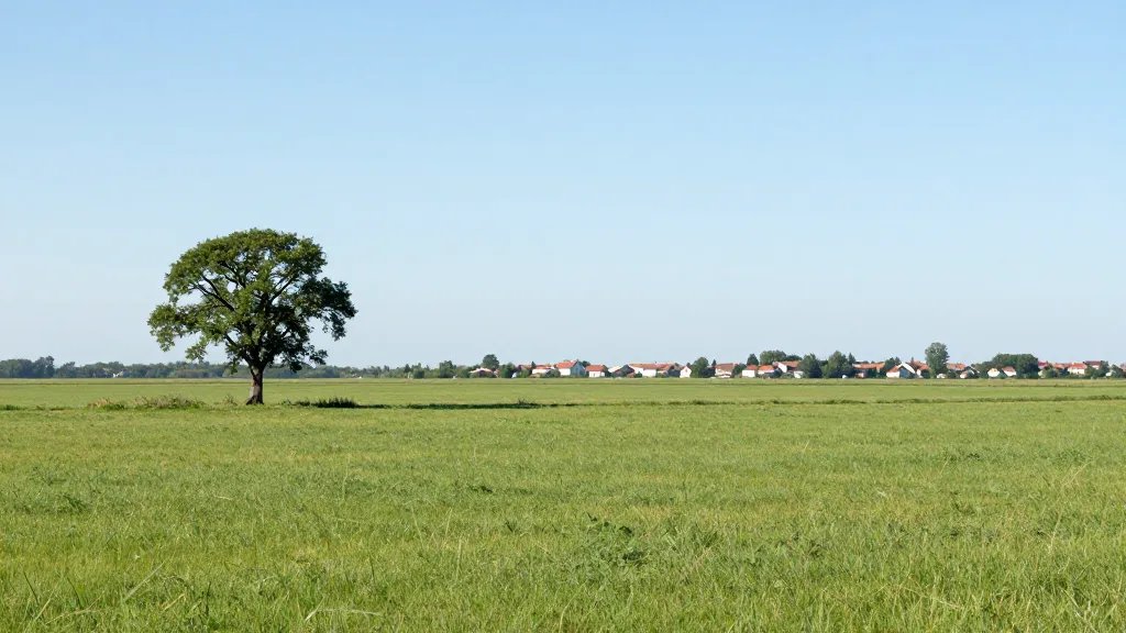 Open countryside with a lone tree and far-off village on horizon