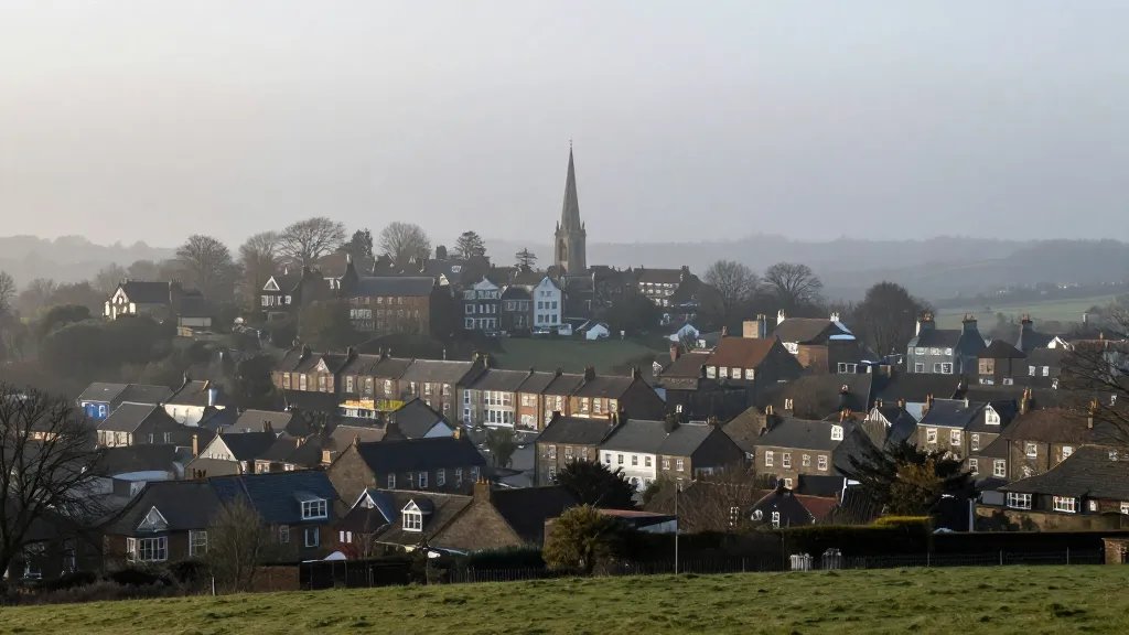 Distant view of a quintessential UK town from hillside, misty morning