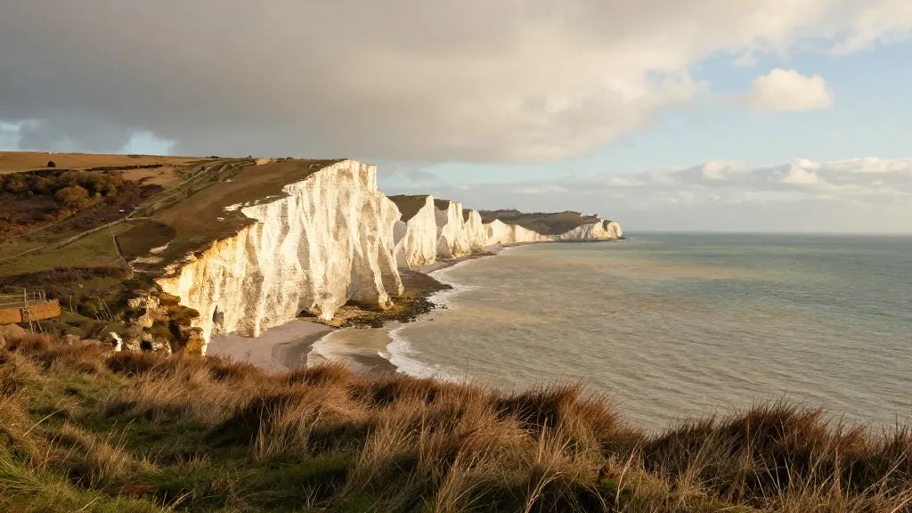 Wide vista of coastline and cliffs in southeast England, autumnal tones