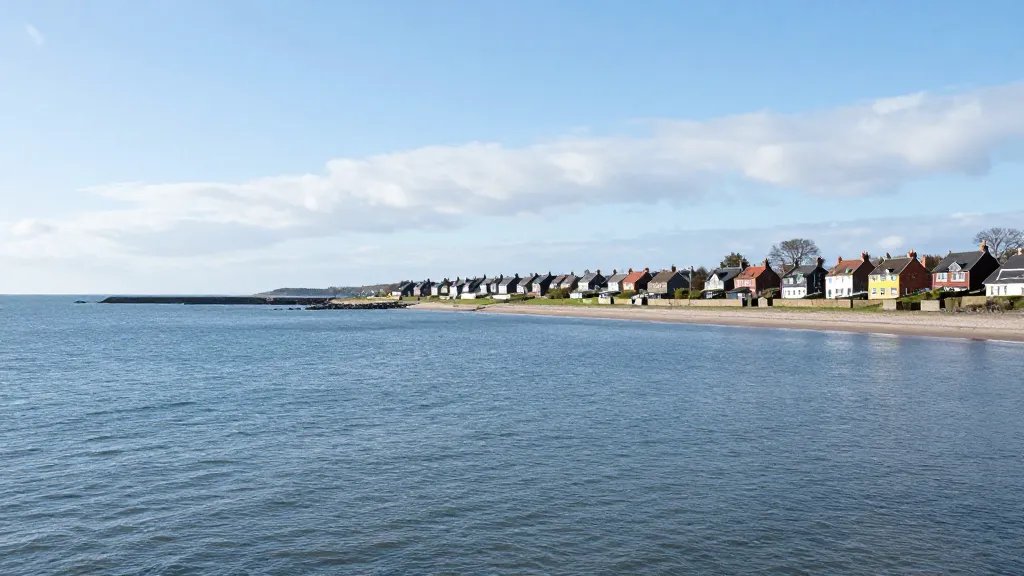 Expansive coastline and distant cottages lining a quiet sale street horizon