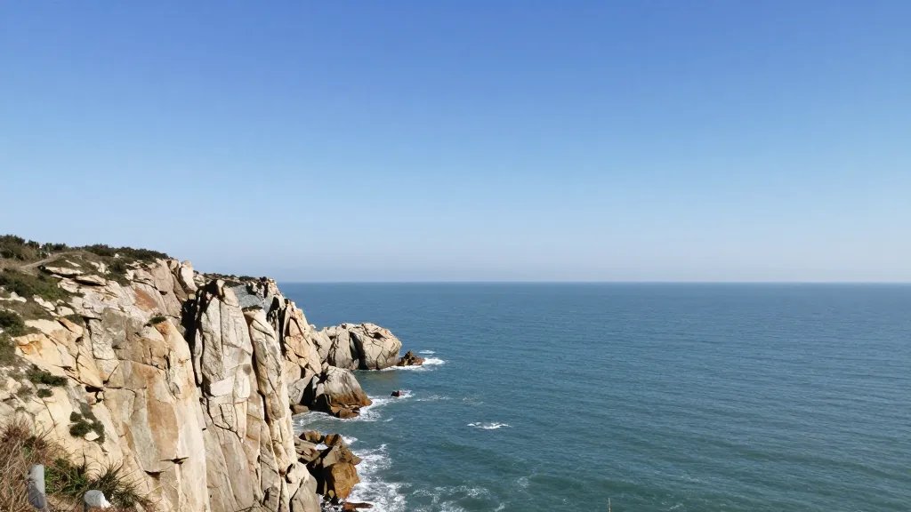 Wide-angle cliff coastline, distant sea under clear blue sky, isolated hero rock