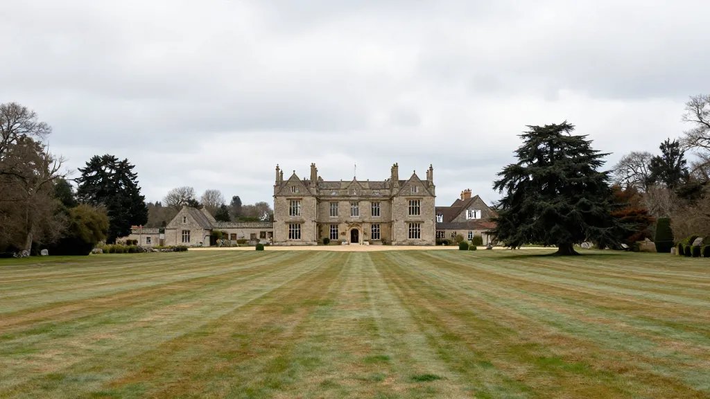 Distant view of a timeless manor house on expansive countryside land