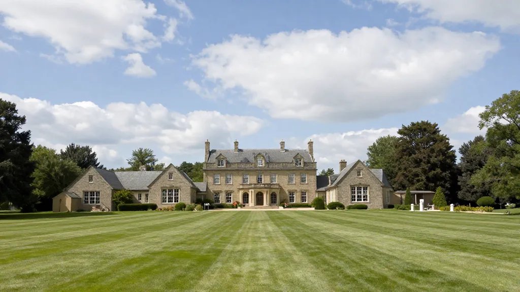 Long-distance portrait of a grand country home with expansive lawn and sky