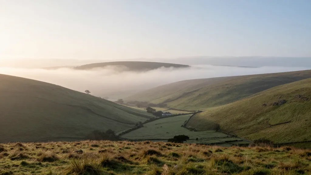 expansive valley fog beneath rolling moors at dawn