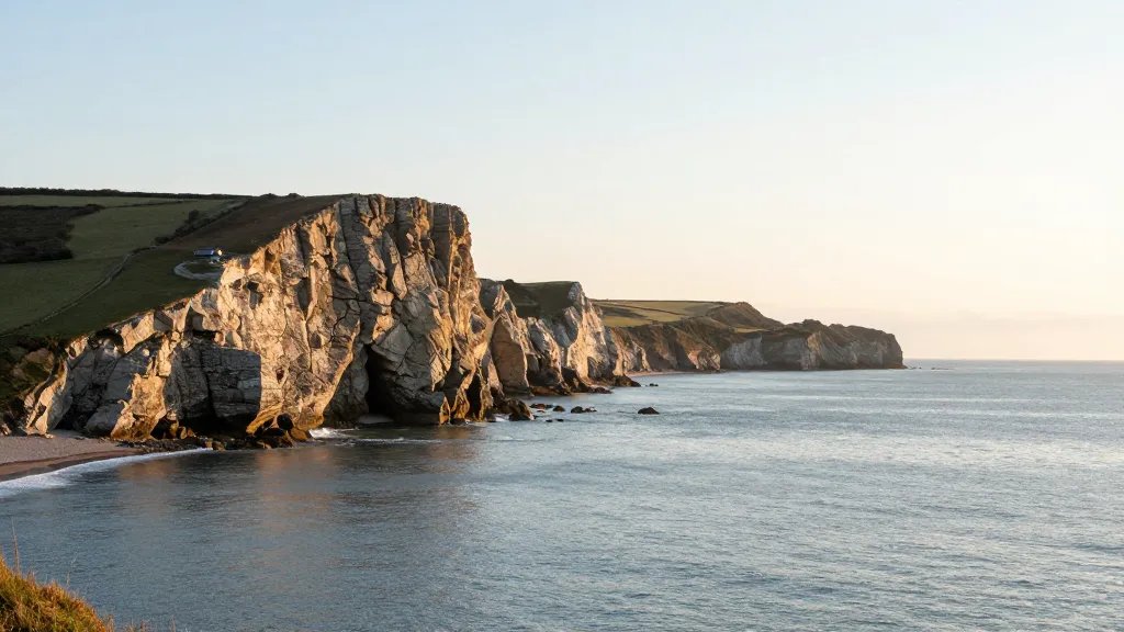 wide-shot shoreline cliffs and sea, soft morning light over English coast