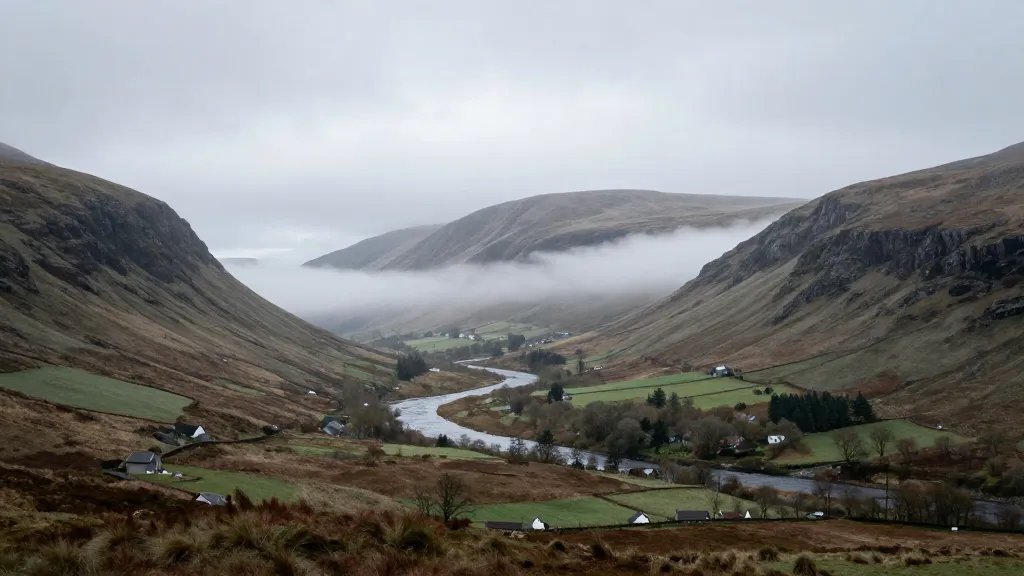 Wide Highland valley with river mist, subtle distant row of cottages on far ridge