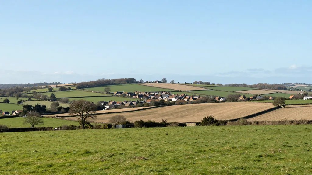 Expansive English countryside with distant village rooftops and rolling fields