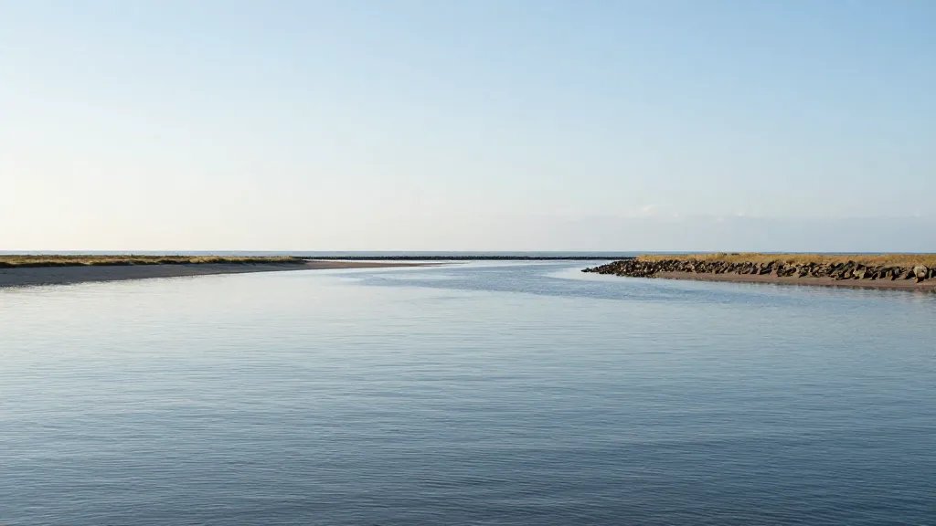 Wide shot of a calm coastal estuary meeting the sea in the distance