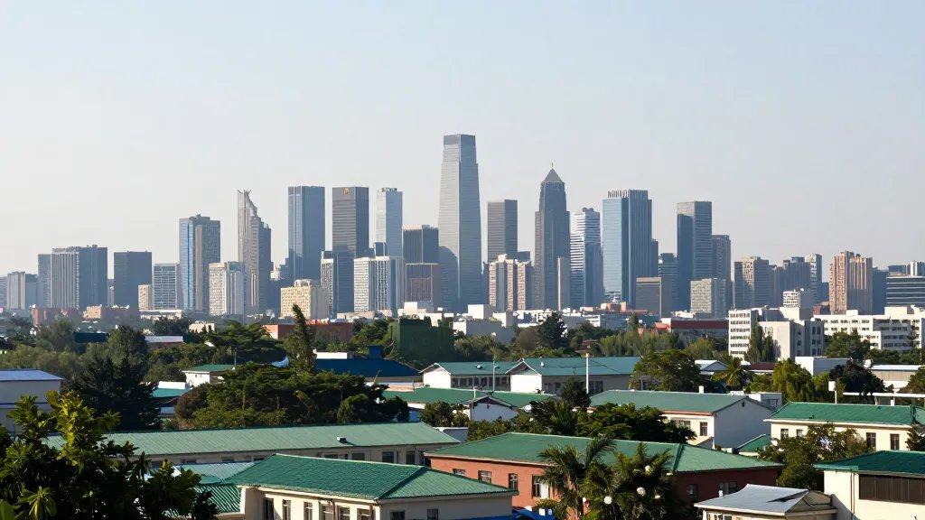 Distant skyline featuring an urban village with green roofs