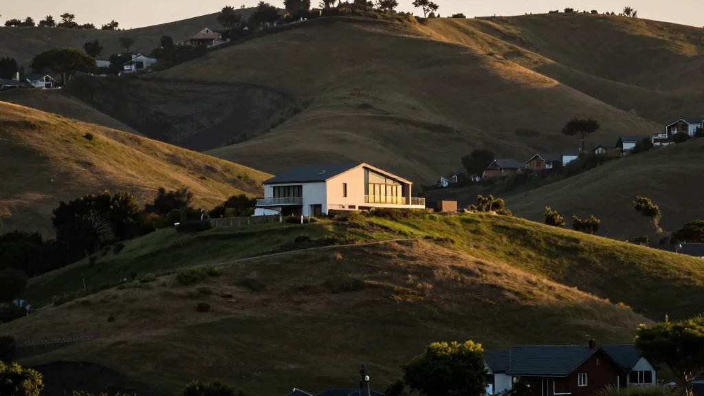 Distant view of a sunlit suburban hillside with a single modern house glowing, EPC emphasis on energy-efficient glass