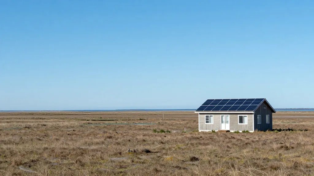 Expansive coastal plain featuring a lone eco-friendly home with solar panels under clear blue sky