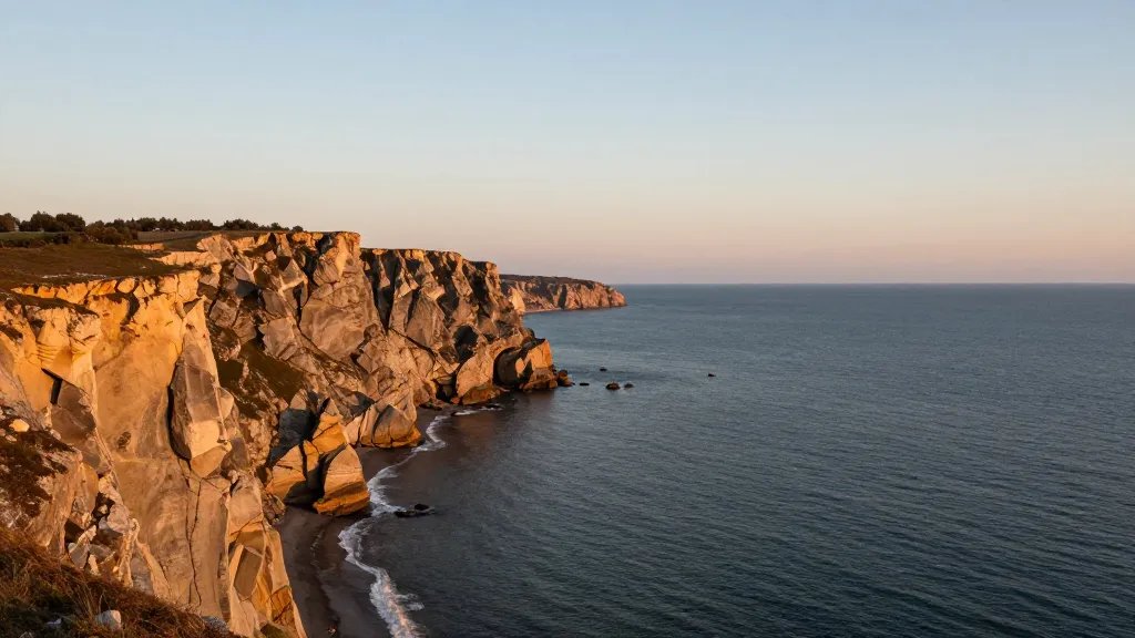 Distant view of a single sunlit coastal cliff at golden hour, quiet and expansive