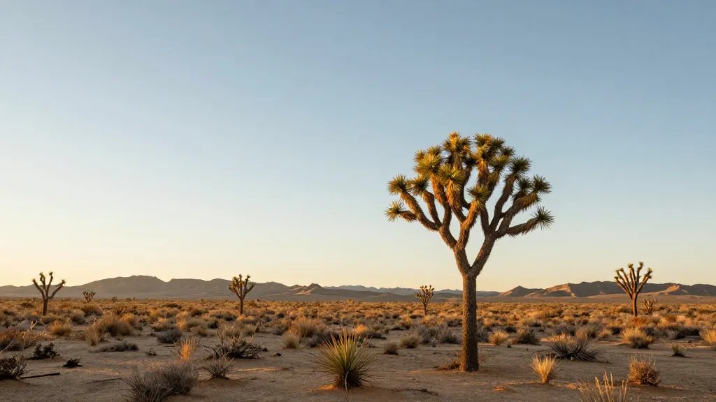 Wide desert plateau, lone Joshua tree under wide sky, golden hour