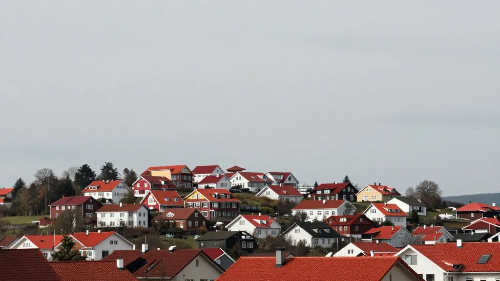 distant hillside town with red-roofed homes under gray sky