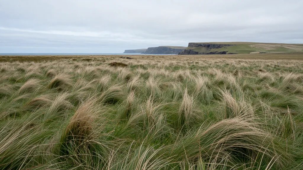 expansive coastal plain with wind-swept grass and distant cliffs