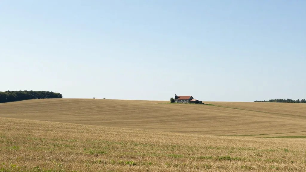 lone farmhouse on rolling farmlands with distant tree line and sky