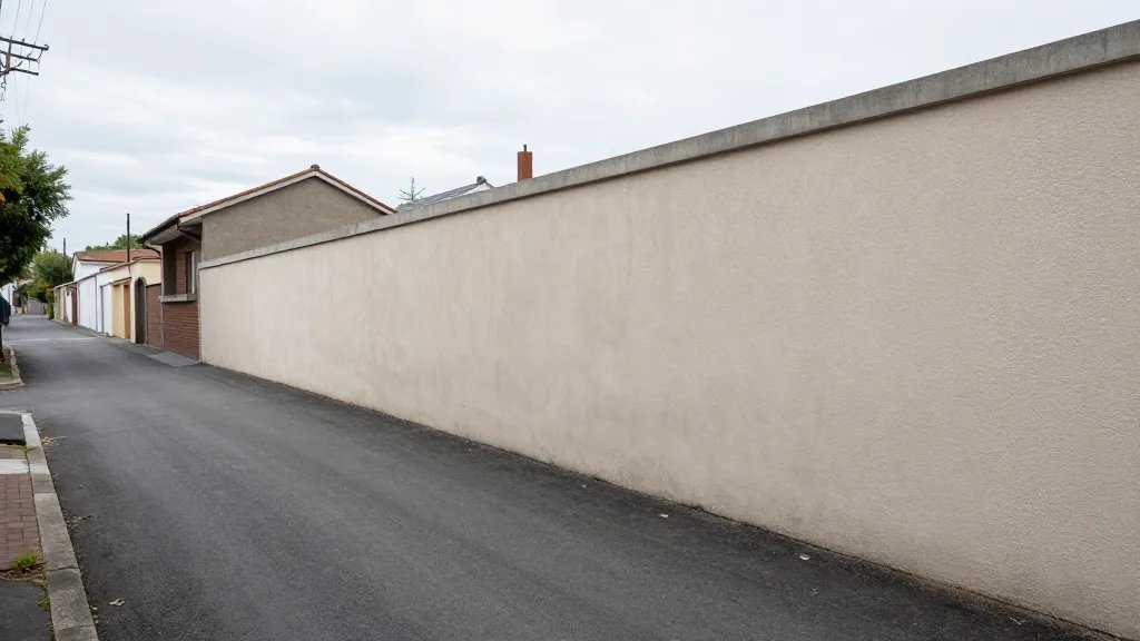 Expansive view of a quiet alley showing a boundary wall line between properties