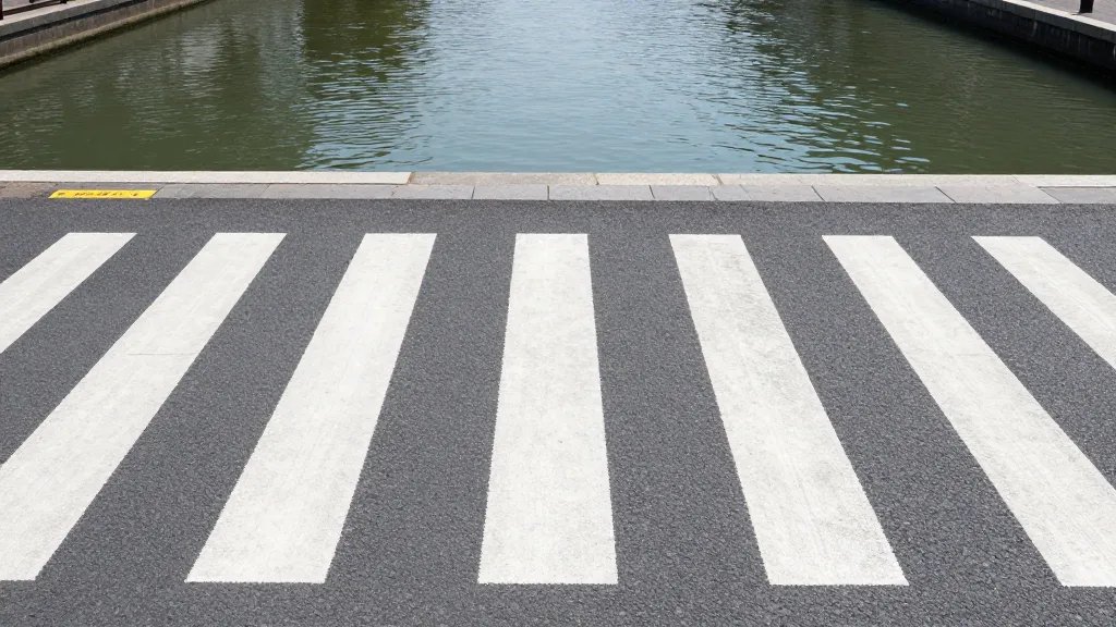 Wide-angle shot of a pedestrian right-of-way corridor beside a tranquil canal