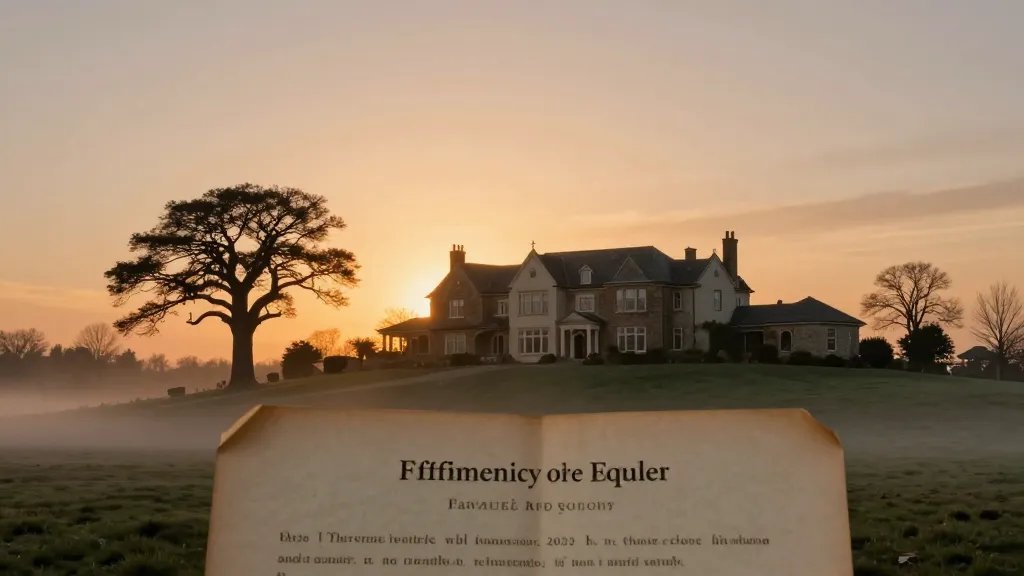 Expansive hillside manor at sunset, lone tree silhouette, official deed inscription in foreground fog