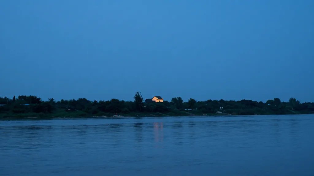 Wide river valley at blue hour, distant house with deed-like paperwork glow in sky