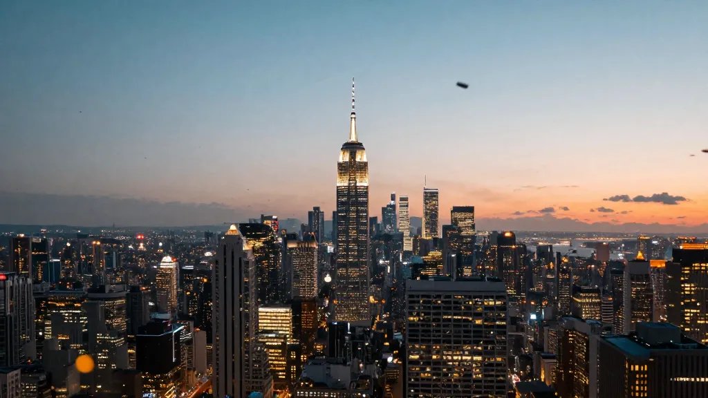 Distant view of a gleaming city skyline at dusk, celebration confetti in foreground blur