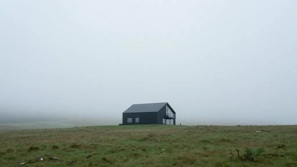 Wide shot of a solitary modern house rising over a misty valley horizon