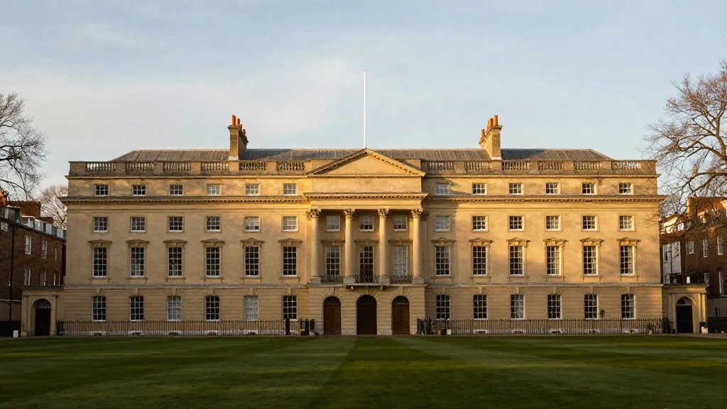 Distant view of a stately solicitor’s townhouse at golden hour