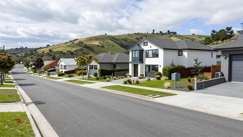Expansive hillside showing a quiet suburban street with a modern home