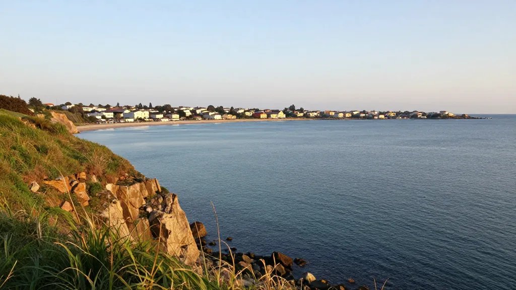Wide-angle coastal cliff overlooking a calm harbor and distant property skyline