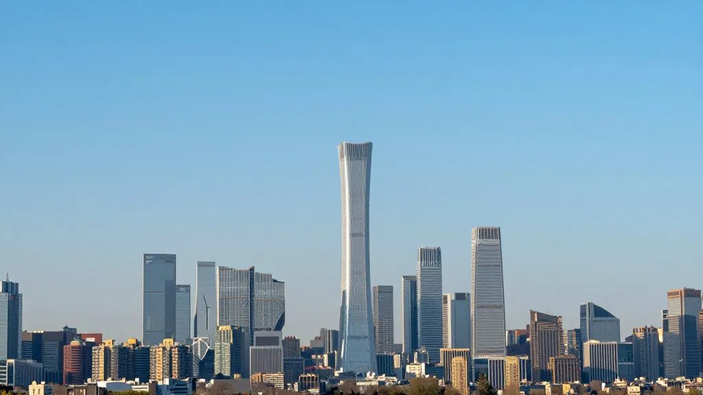 Distant view of a modern city skyline with a clear blue sky
