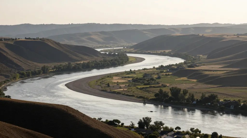 Wide river valley with rolling hills under soft morning light