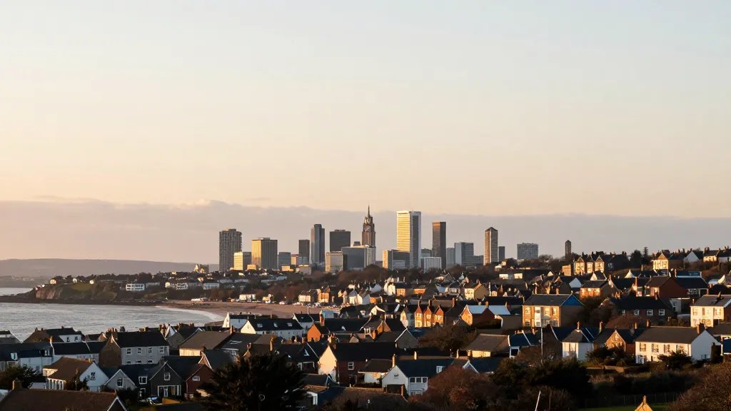 Distant coastal town skyline at golden hour, UK property hotspot