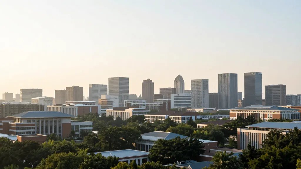 Wide view of a university town campus skyline, soft morning light