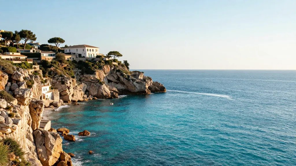 Distant view of a sunlit coastal cliffside villa perched above turquoise sea, morning light