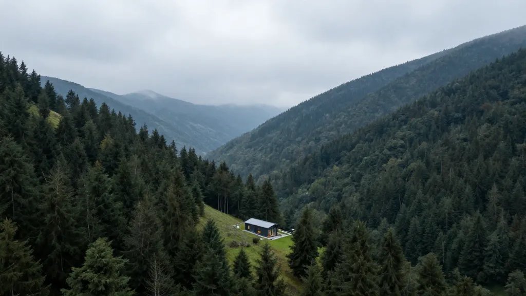 Expansive mountain valley with a lone modern cabin nestled in pines, misty horizon