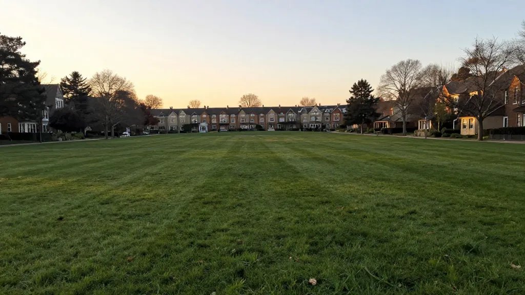 Expansive view of a peaceful parkland with well-kept grass and a distant row of townhouses, soft golden-hour light
