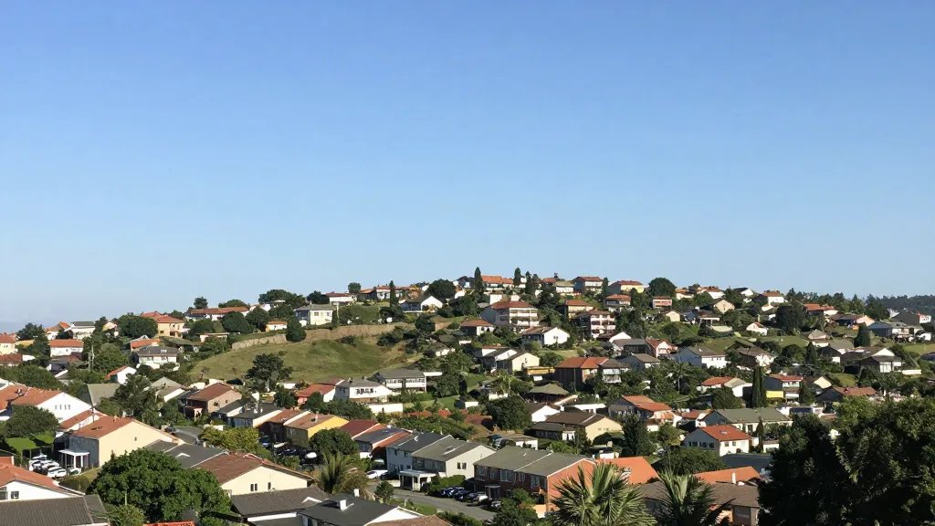 Wide-angle vista of a quiet residential area hillside, distant rooftops and greenbelt, clear blue sky and gentle elevation