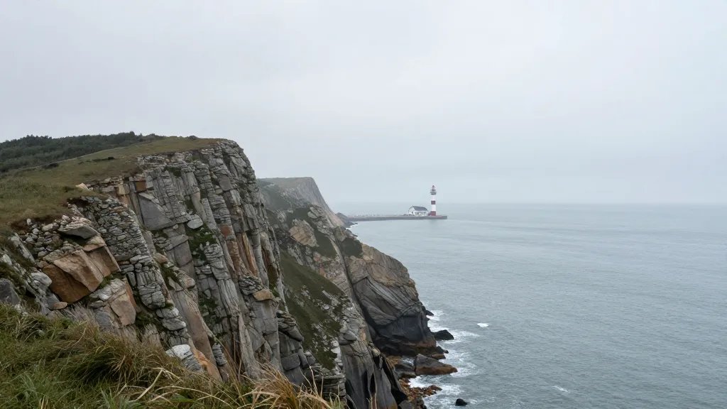 Expansive coastal cliff panorama with distant lighthouse and sea mist