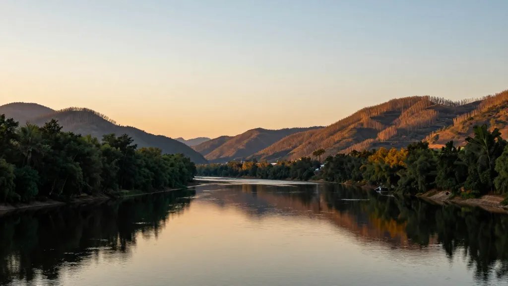 Wide valley portrait at golden hour, distant timbered hills and calm river reflection