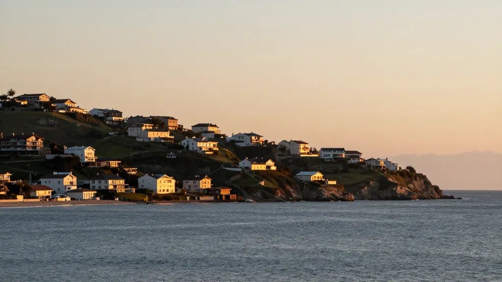 Distant coastal hillside housing estate at golden hour
