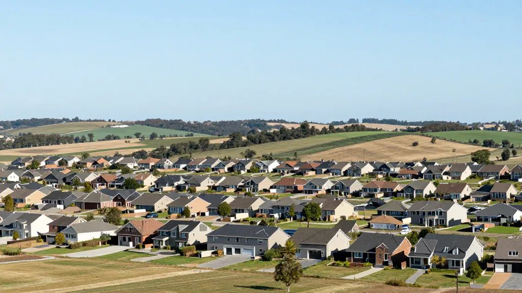 Expansive suburban roofline panorama across rolling fields