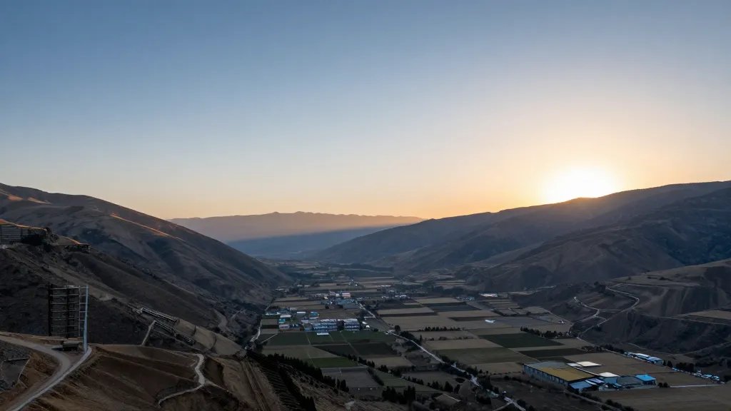 Wide-angle view of a quiet development valley at sunrise